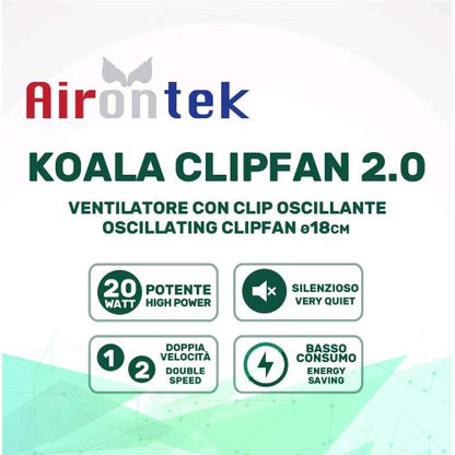 airontek koala fan 2.0 ventilatore a clip oscillante 20w